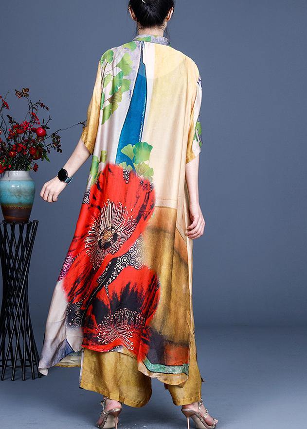 Fitted Yellow Print long Silk Summer Women Sets two Pieces
