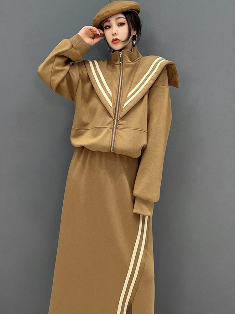 Ella Luxe Oversized Collar Top & Elastic Waist Skirt 2-Piece Set