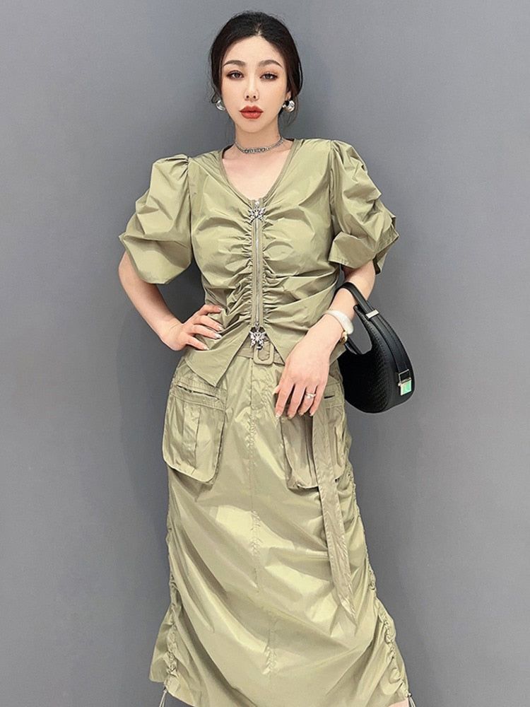 Casual Chic Drawstring V-Neck & Skirt 2-Piece Set