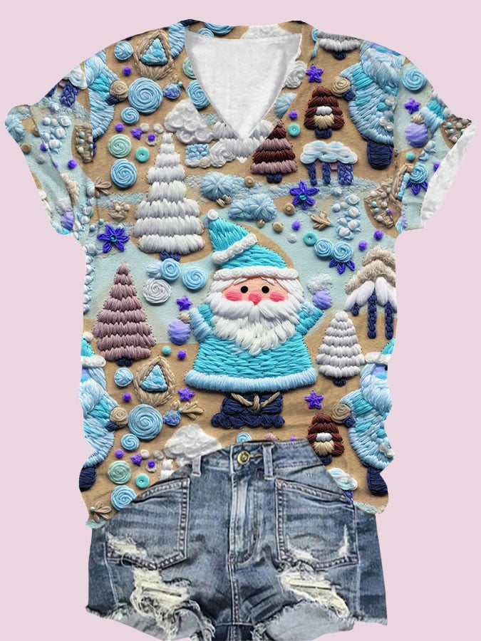 Women's  Santa Claus Print V-Neck T-Shirt