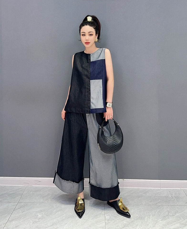 Everyday Chic Two Tone Denim Top & Wide Leg Pants 2-Piece Set