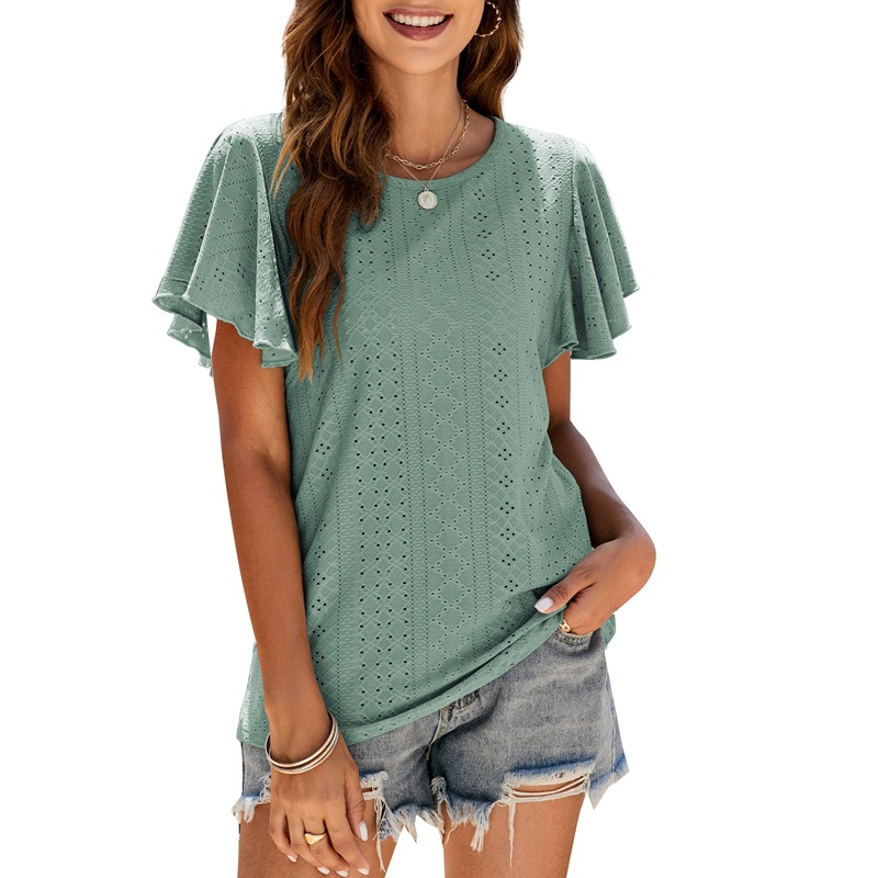Ladies T-Shirt Cutout Tunic Ruffle Sleeve Casual Top