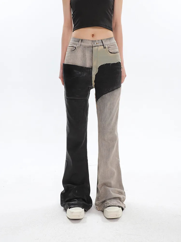 Black and Washed Denim Retro Twist Irregular Jeans