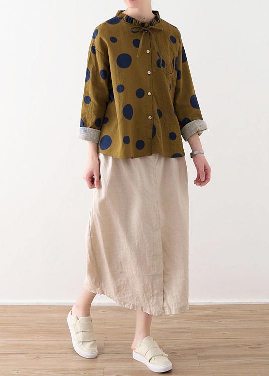 Spring Yellow Literature And Art Linen Ruffled Collar Top