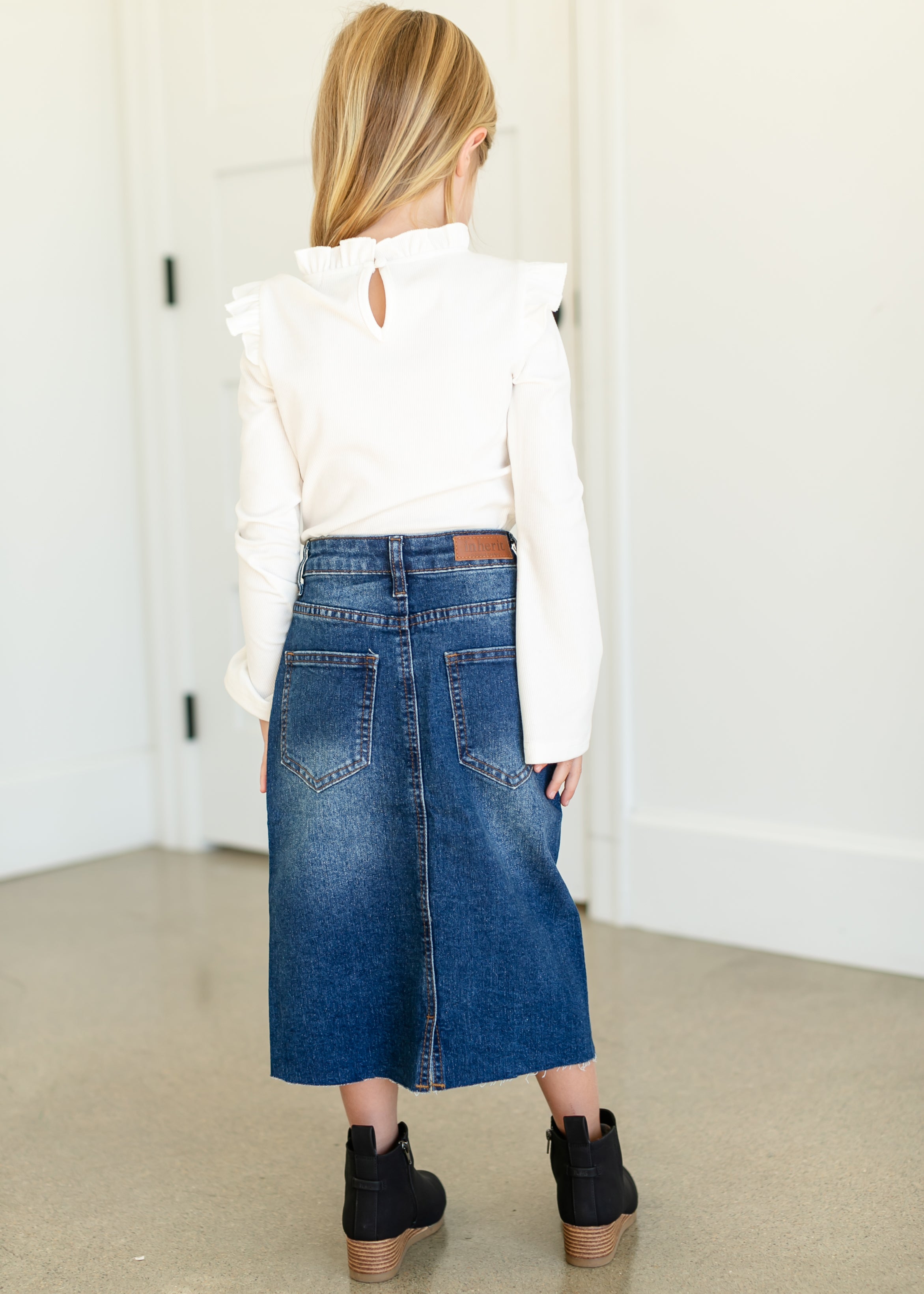 Girls Remi Raw Hem Denim Midi Skirt