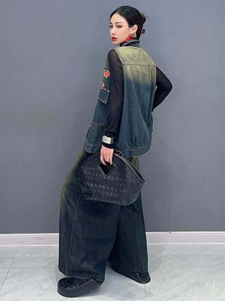 Floral Embroidered Denim Wide-Leg Pants and Matching Vest Set