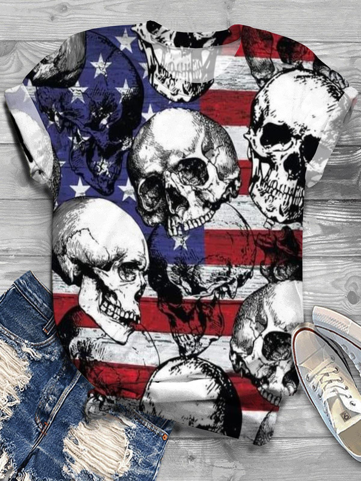 American Flag Skull Crew Neck T-shirt