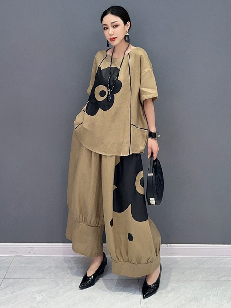 Khaki Short Sleeve Floral Tunic Top & Wide Leg Pants 2-Piece Set