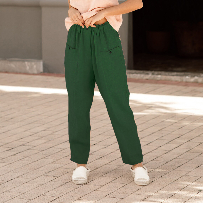 Woman's Button cotton and linen elastic waist casual pants