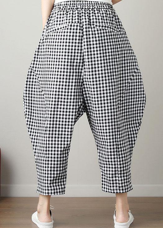 women black plaid casual cotton pants plus size big pockets crop pants