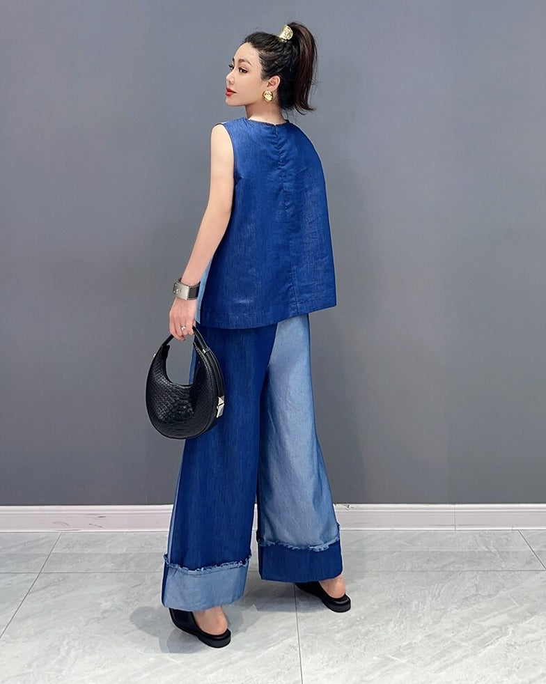 Everyday Chic Two Tone Denim Top & Wide Leg Pants 2-Piece Set