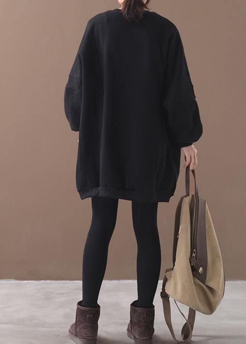 Handmade two pockets Cotton o neck clothes For Women Shape black Dresses