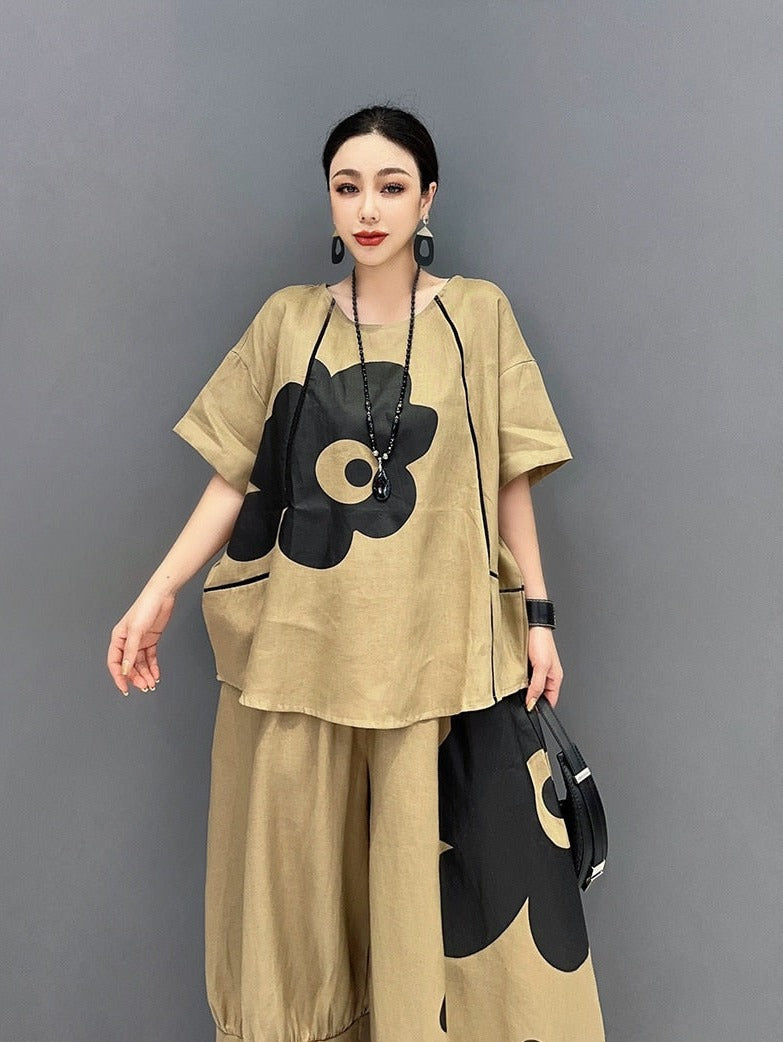 Khaki Short Sleeve Floral Tunic Top & Wide Leg Pants 2-Piece Set