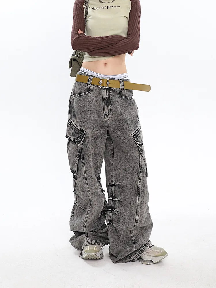 Retro Chic Old Washed Wide-Leg Cargo Pants