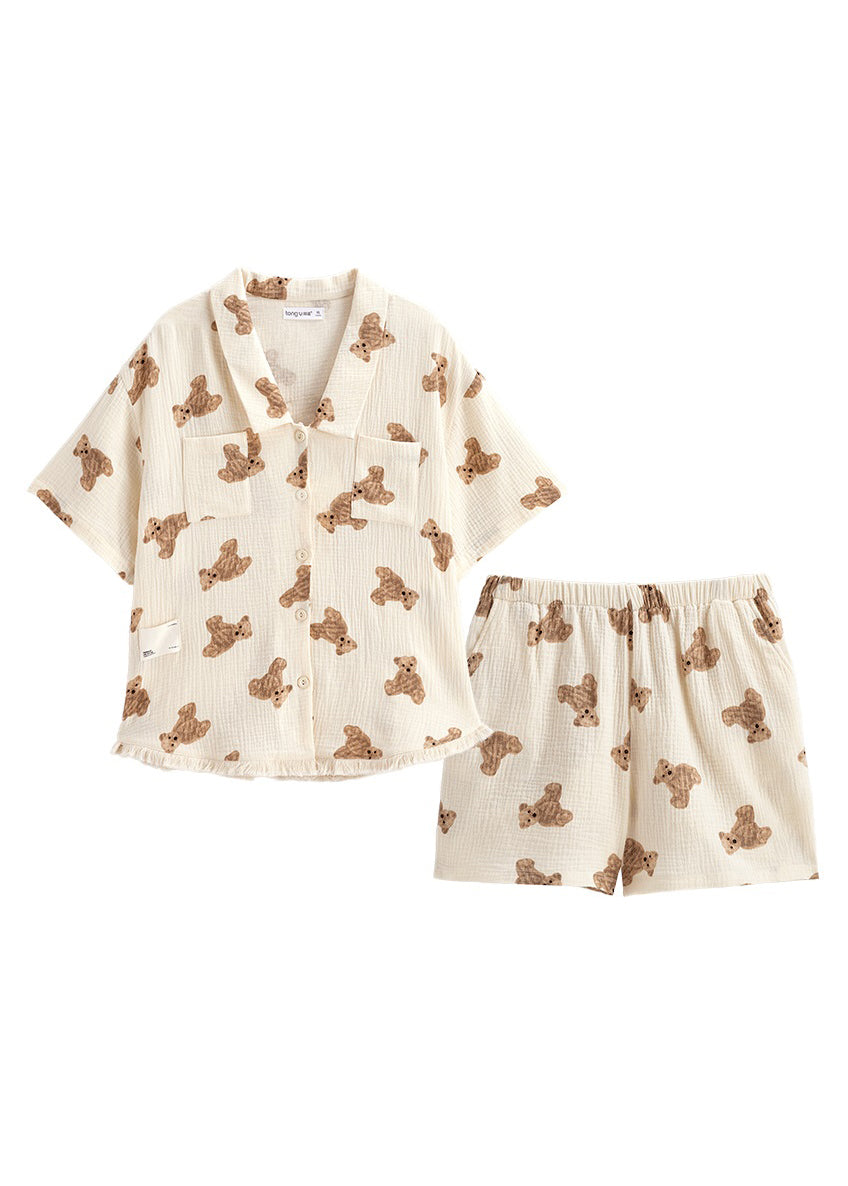 Cute Beige Peter Pan Collar Litter Bear Print Cotton Pajamas Two Pieces Set Short Sleeve