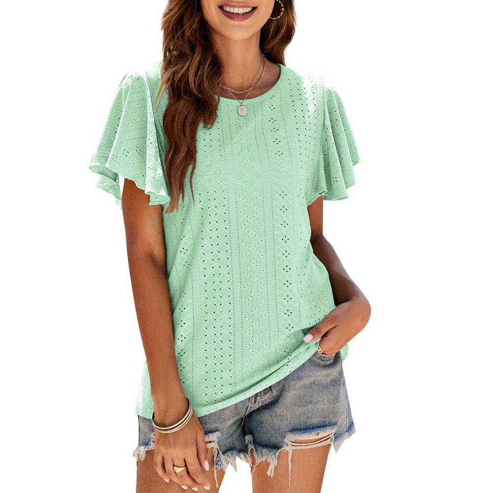 Ladies T-Shirt Cutout Tunic Ruffle Sleeve Casual Top