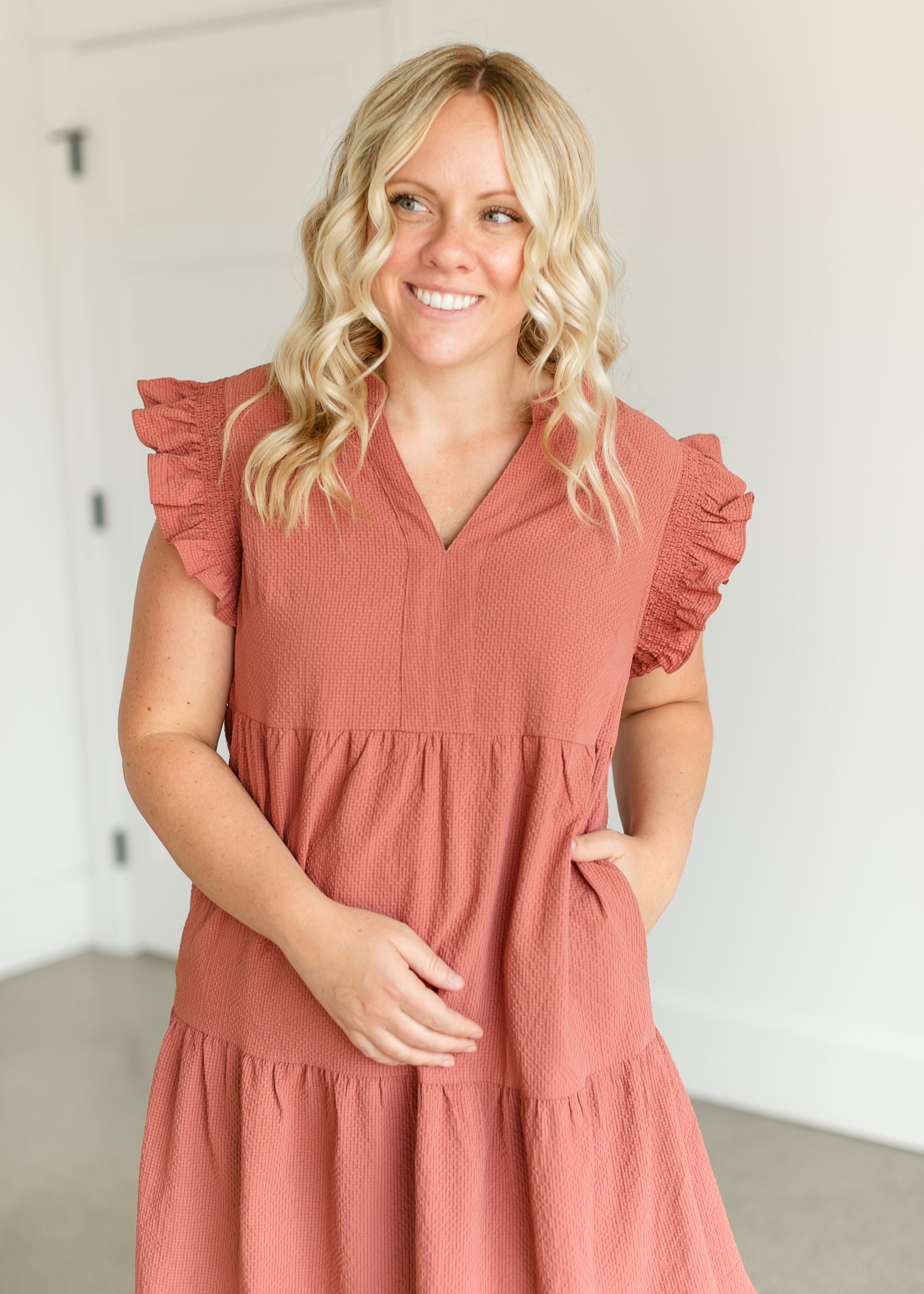 Textured V-neck Ruffle Sleeve Midi Dress - FINAL SALE