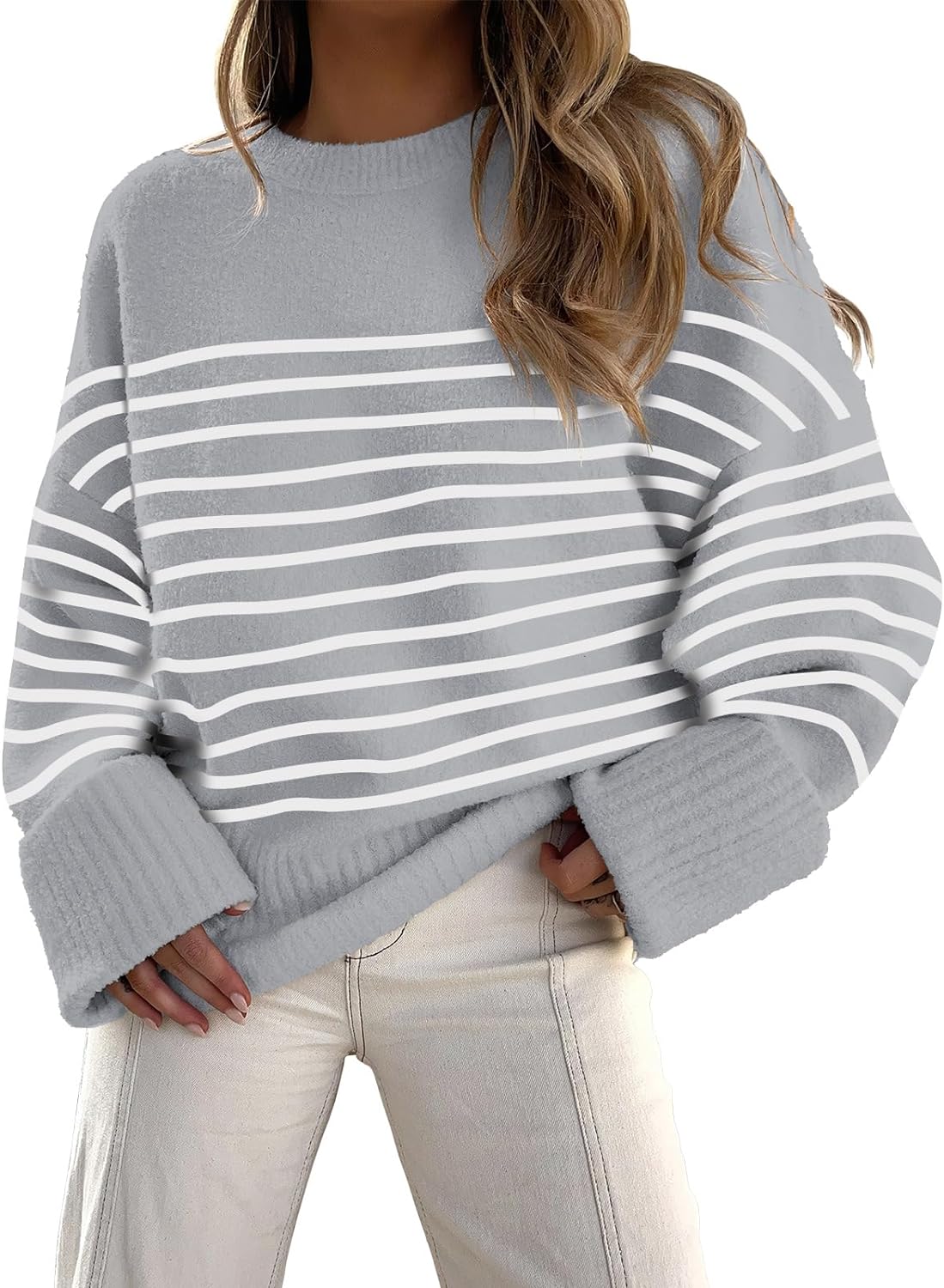 Women's Crewneck Long Sleeve Oversized Fuzzy Knit Chunky Warm Pullover Sweater Top