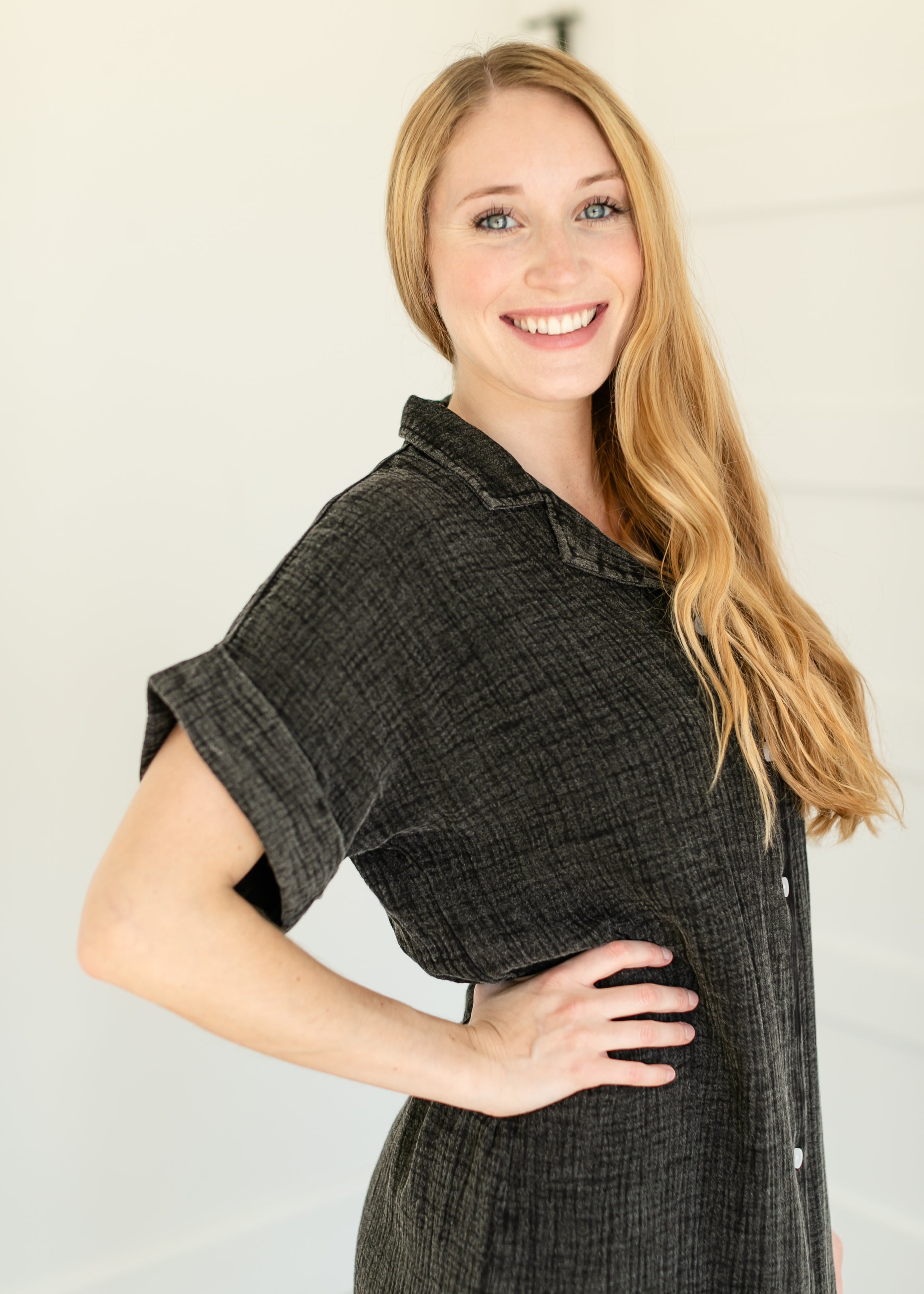 Washed Button Down Midi Dress