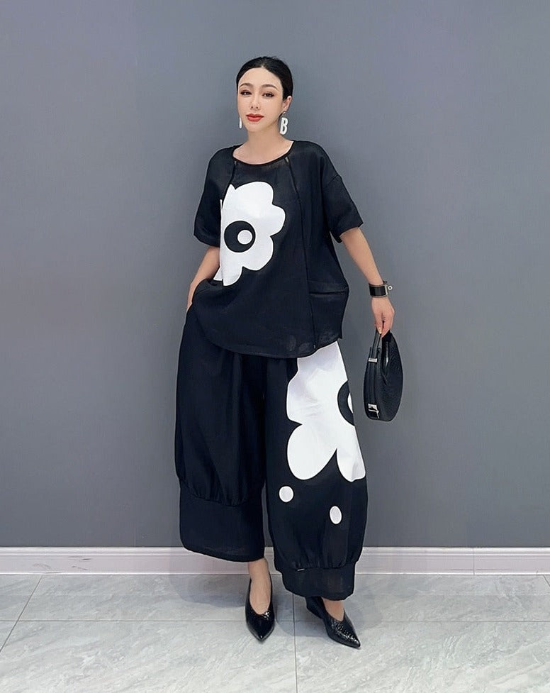 Black Short Sleeve Floral Tunic Top & Wide Leg Pants 2-Piece Set