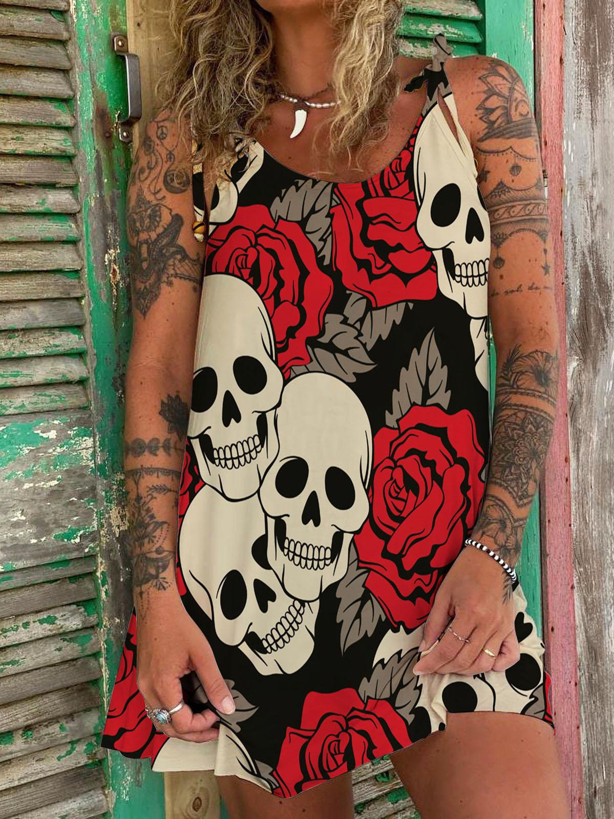 Floral Skull Print Spaghetti Strap Mini Dress