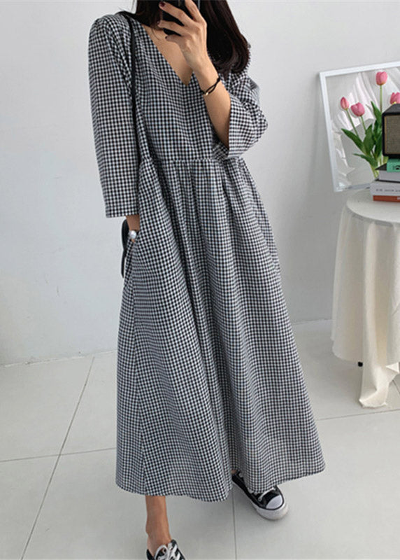Organic V Neck Wrinkled Pockets Plaid Cotton Dresses Long Sleeve
