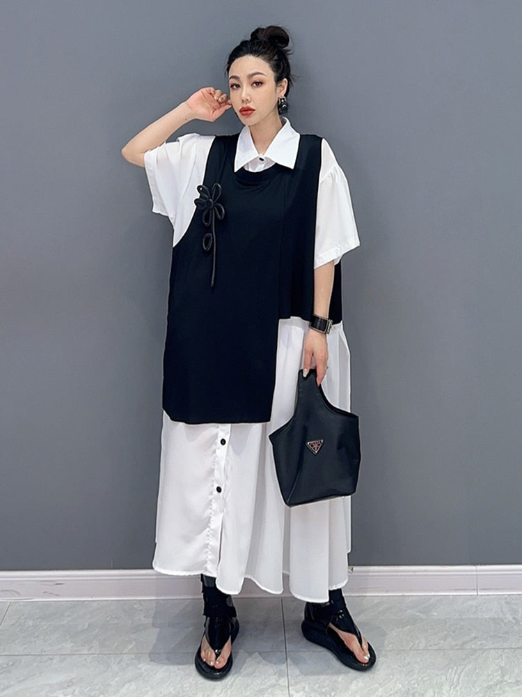 Couture Chic Oversized Vest & Blouse Dress 2-Piece Set