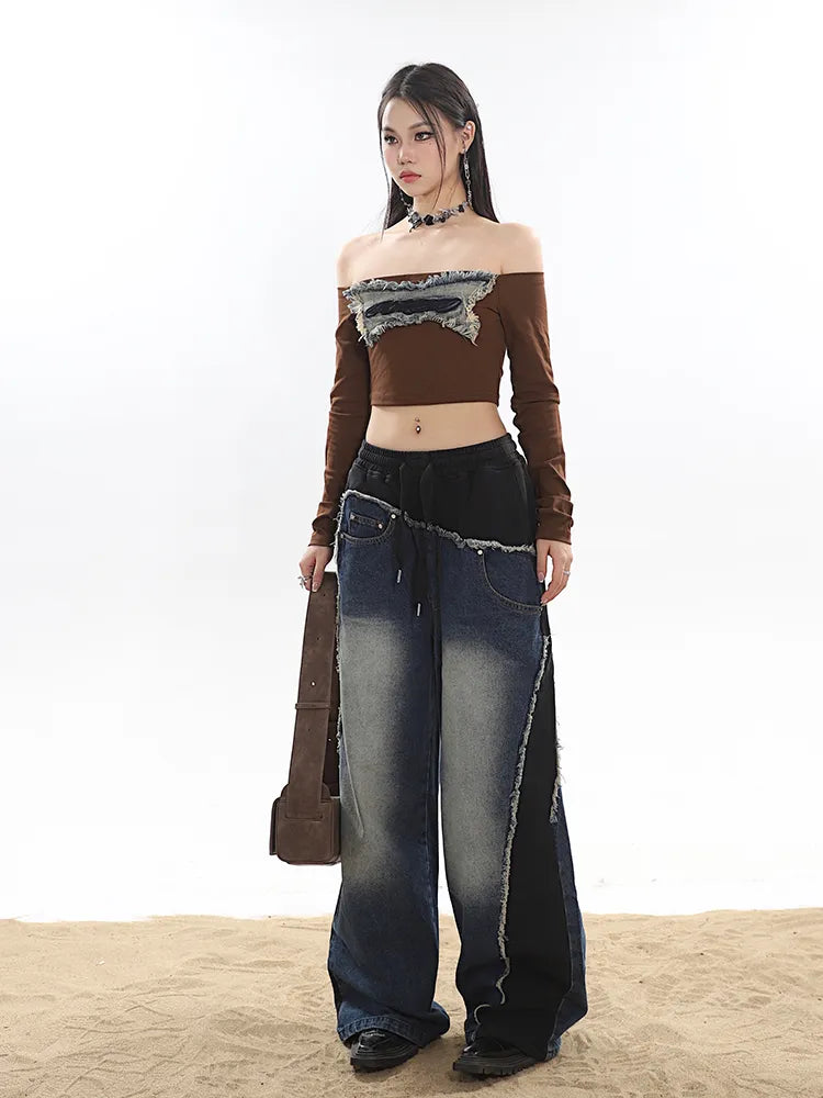 Classic Retro Elastic Waist Wide Leg Denim Pants