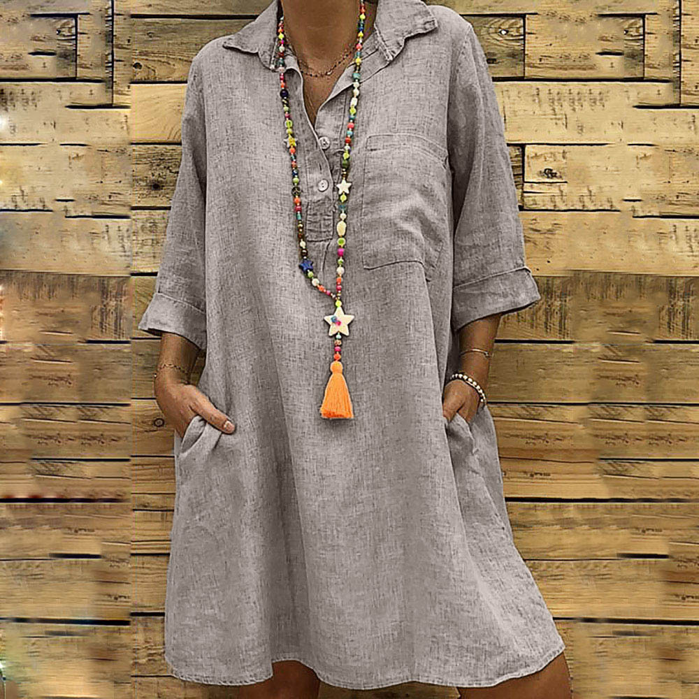 Women's Loose Three Quarter Sleeve Shirt Collar Dress
