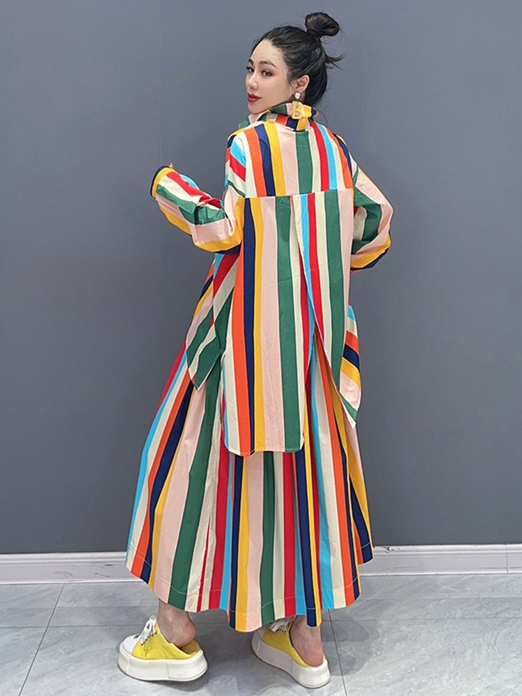 Chic Multi-Color Striped Irregular Oversized 2-Piece Top & Skirt Set