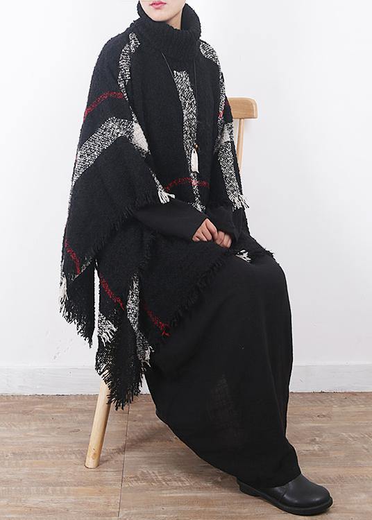 winter original design plaid high neck knit tops oversize black tassel cloak