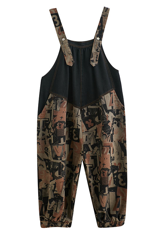 Fashion Black Pockets Button Print Patchwork Fall Pants