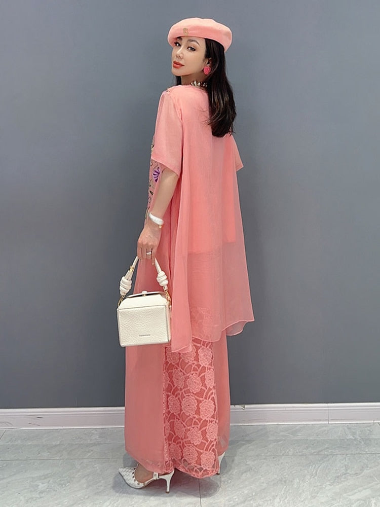 Green or Pink Floral Chiffon Loose Top & Wide Leg Pants 2-Piece Set