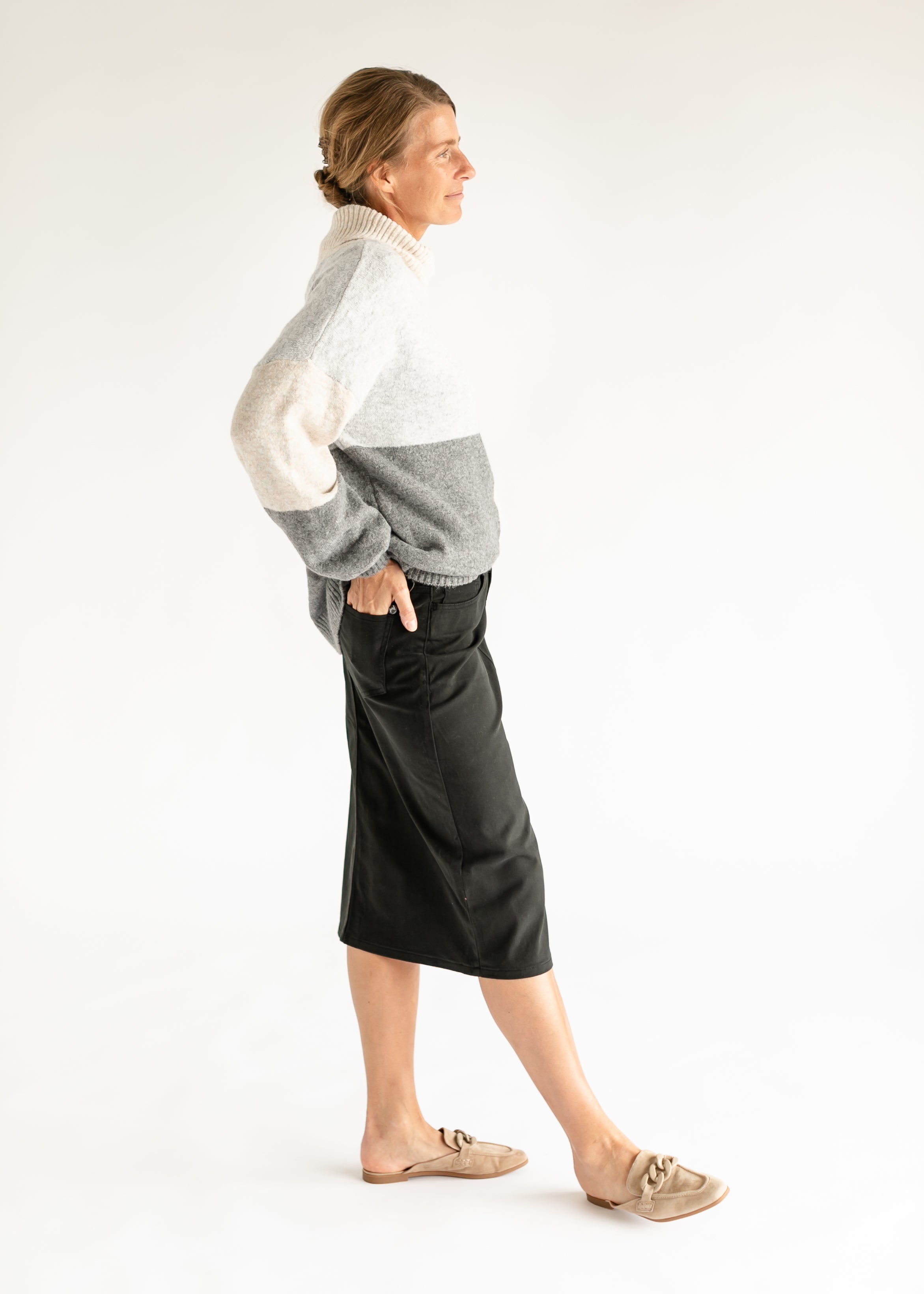 Remi Sable Black Denim Midi Skirt