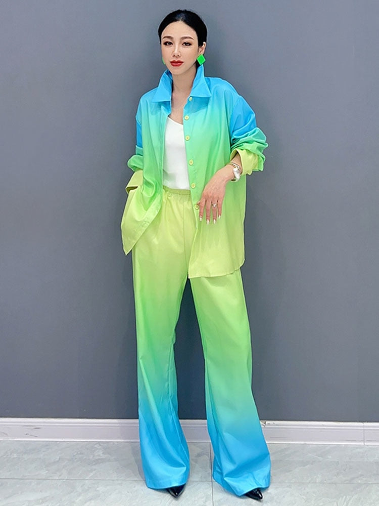 Trendy Fashion Duo Gradient Loose Long Sleeve Top & Pants Set