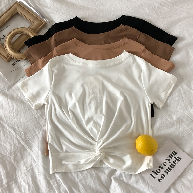 Short Sleeve Cotton Front Knot T-shirts Women Solid Casual Cropped Tshirt Girls Chic Crop Tops For Female Summer