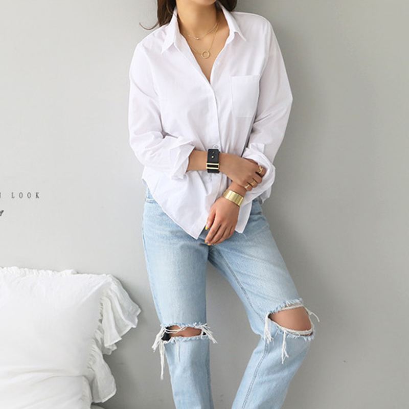 Spring One Pocket Women's Shirt Feminine Blouse Top Long Sleeve Casual White Turn-down Collar OL Style Women Loose Blouses