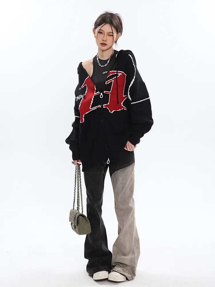 Black and Washed Denim Retro Twist Irregular Jeans