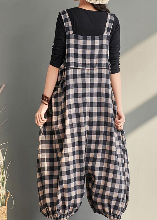 New cage pants casual plaid jumpsuit cotton and linen overalls women