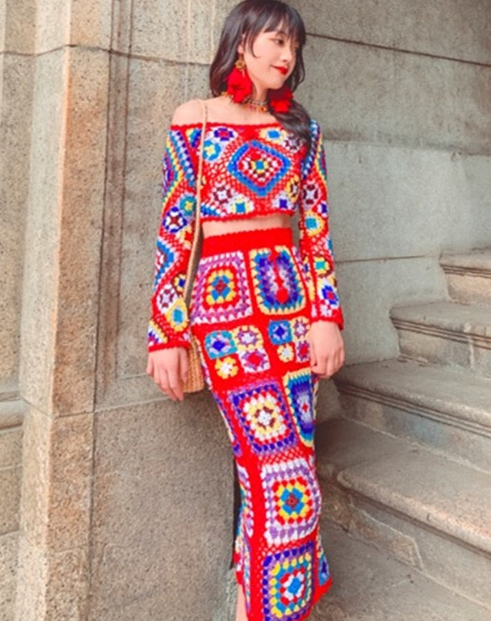 Handmade See Through Knit Crop Top & Midi Skirt 2-Piece Set