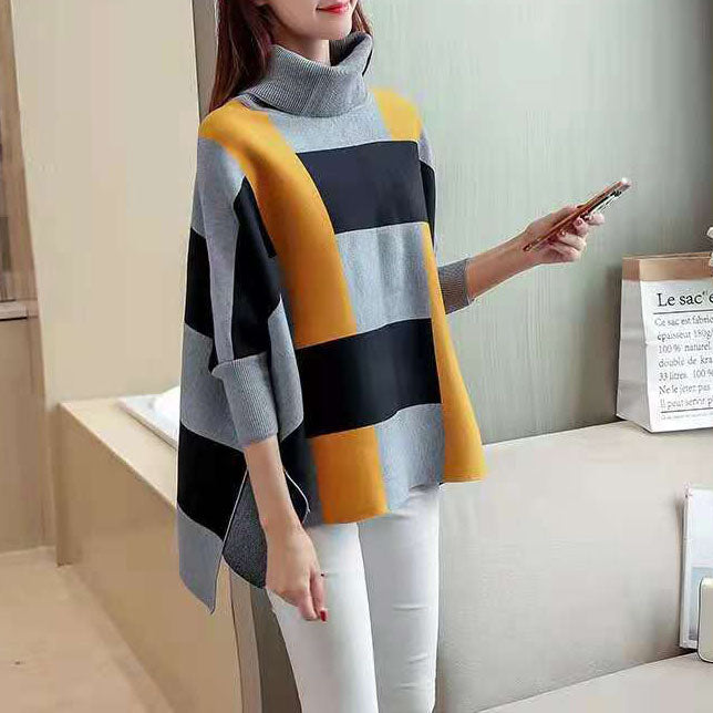 Women Striped Knit Blouse O Neck Batwing Sleeve Loose-fitting Knitted Blouse