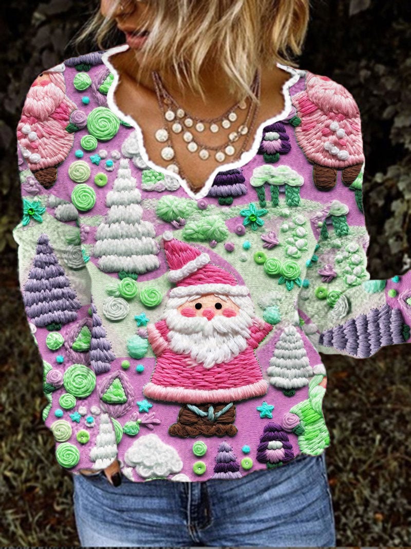 Women's Christmas Pink Santa Claus French Cashmere V-Neck Top