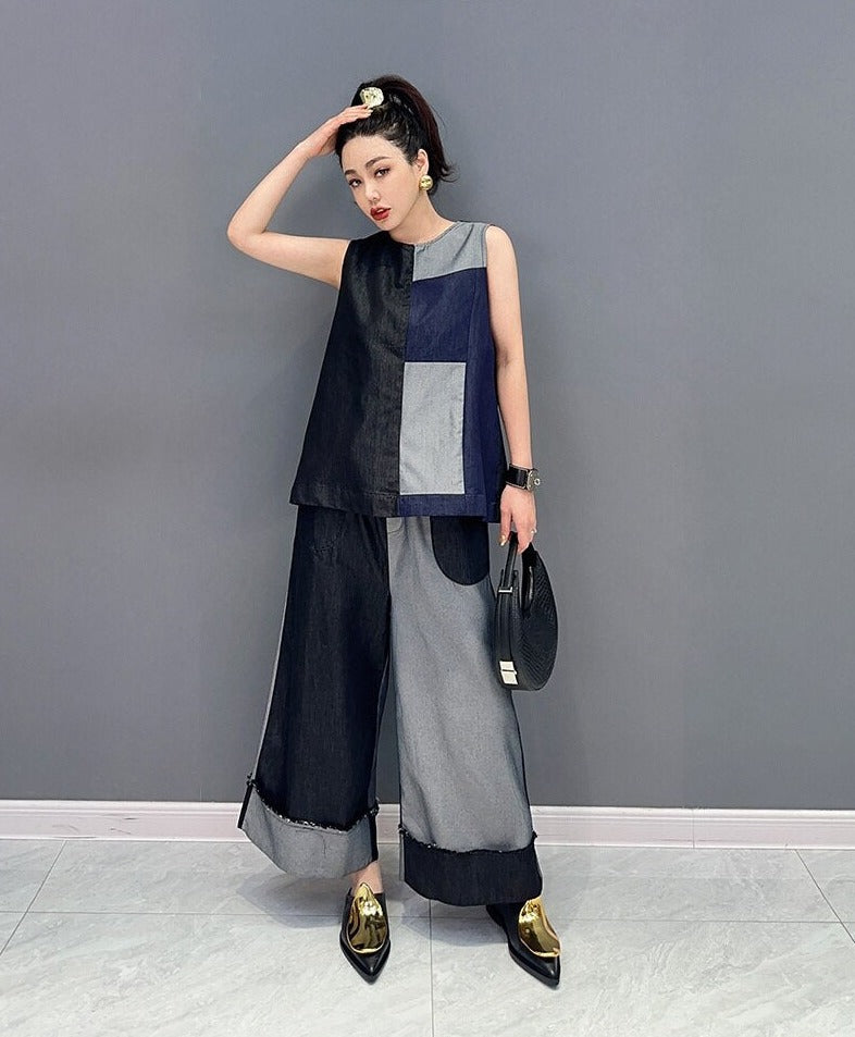 Everyday Chic Two Tone Denim Top & Wide Leg Pants 2-Piece Set