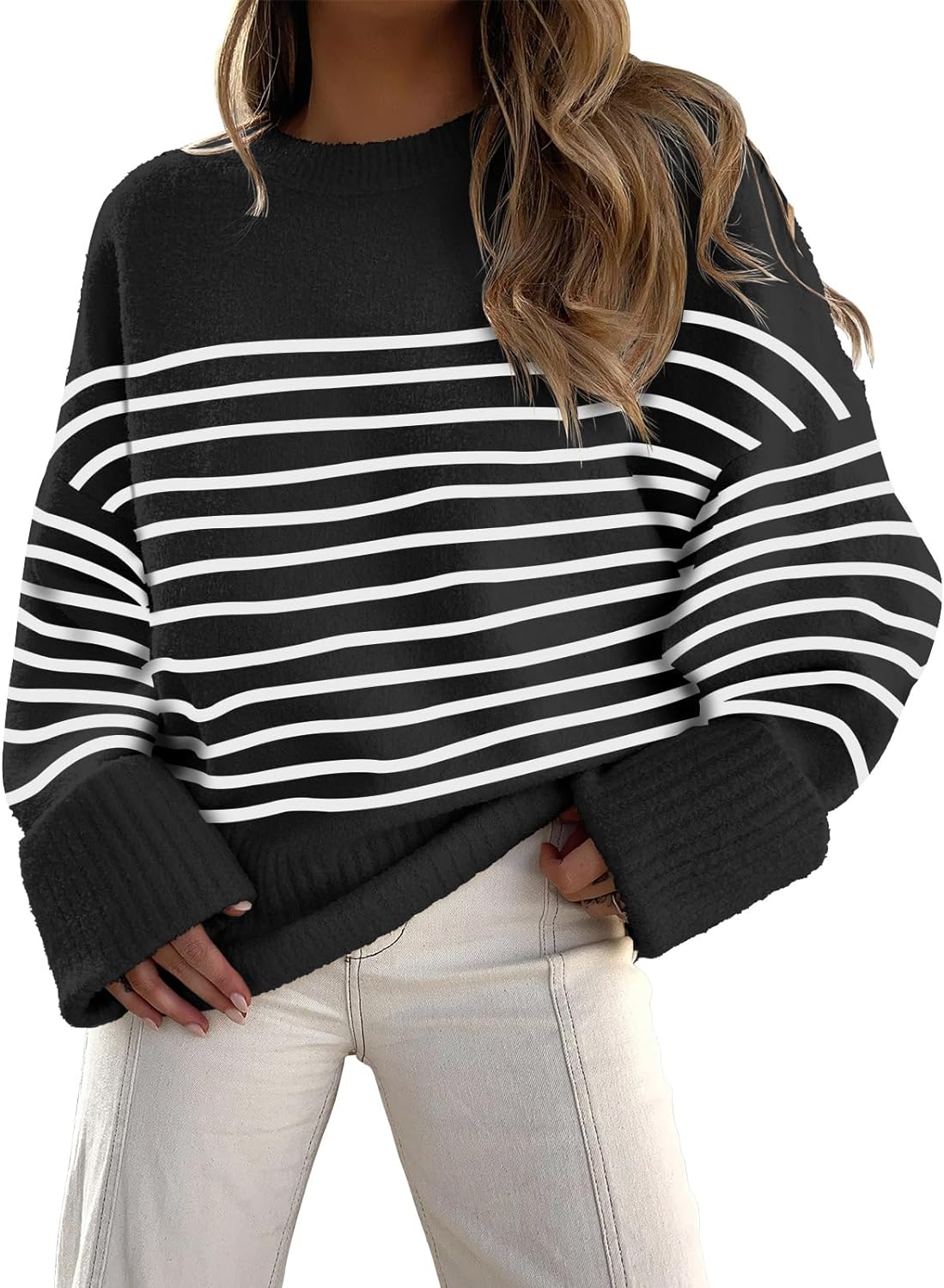 Women's Crewneck Long Sleeve Oversized Fuzzy Knit Chunky Warm Pullover Sweater Top