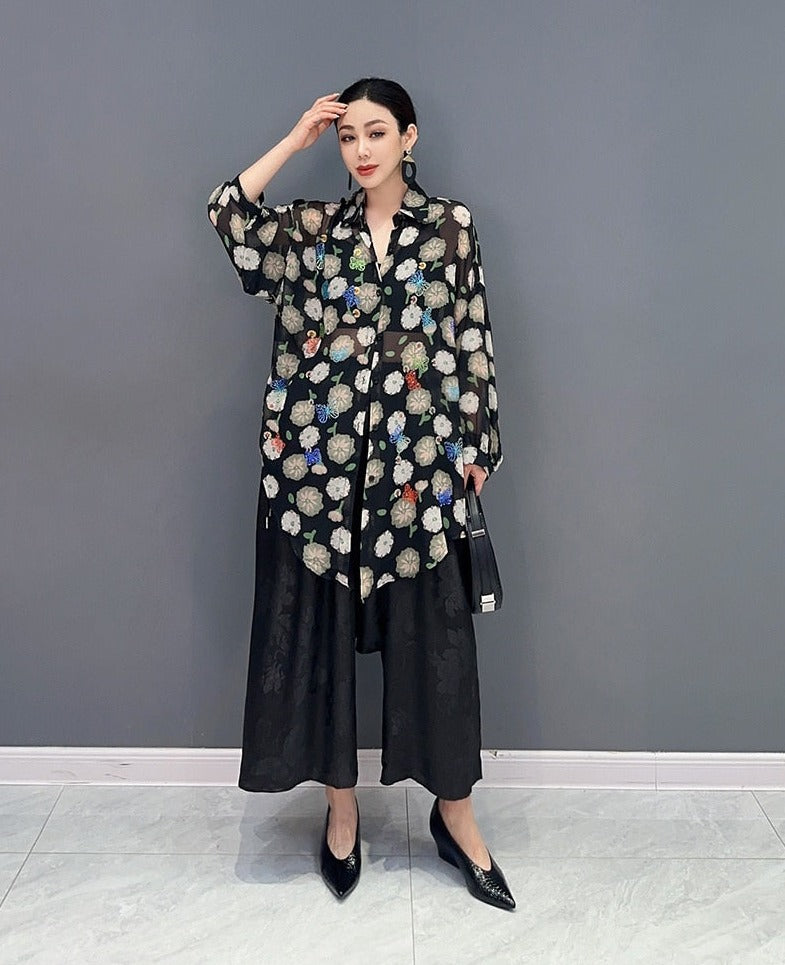 Butterfly & Floral Long Sleeve Blouse Top & Wide Leg Trousers 2-Piece Set