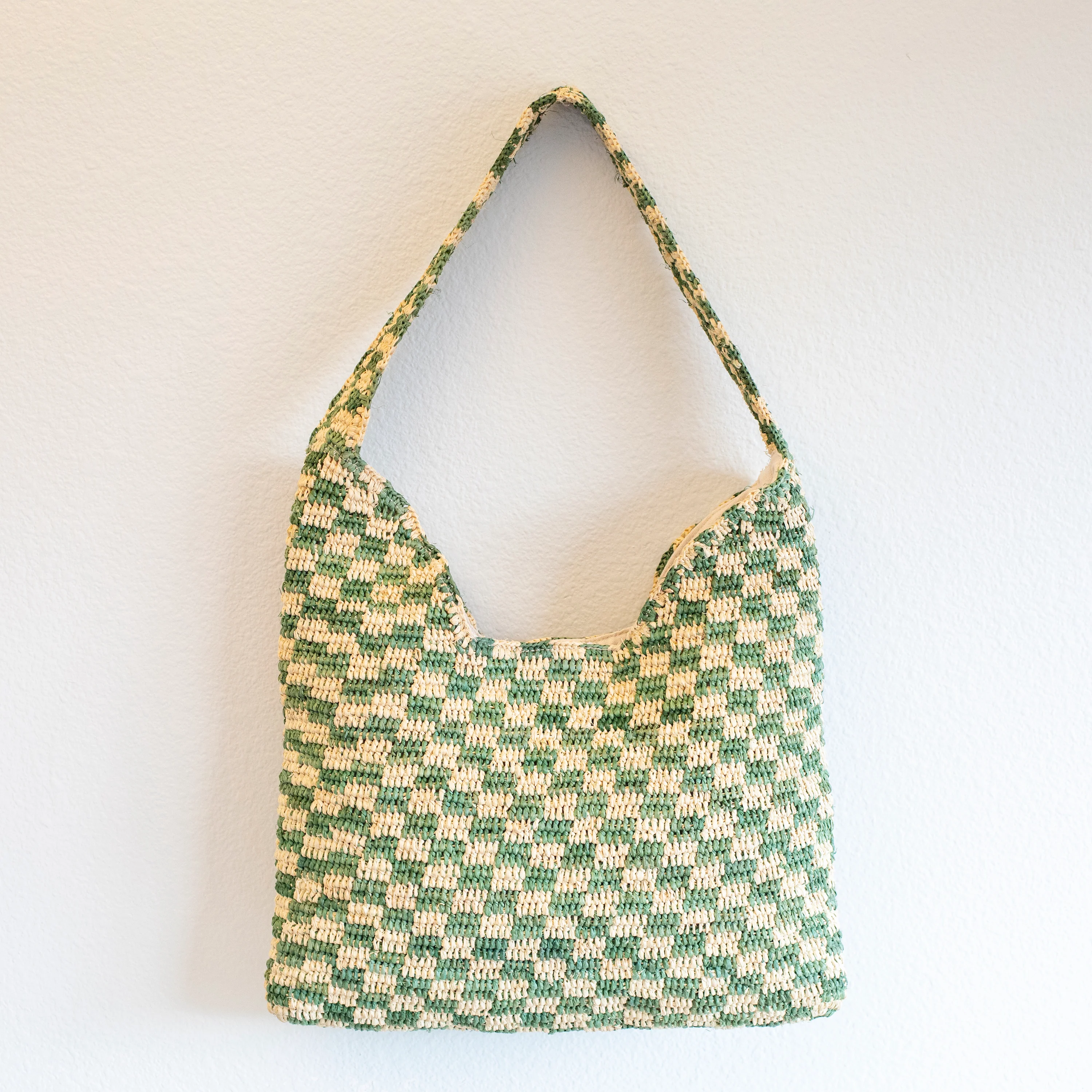 Women's Checkered Raffia Woven Summer Straw Tote