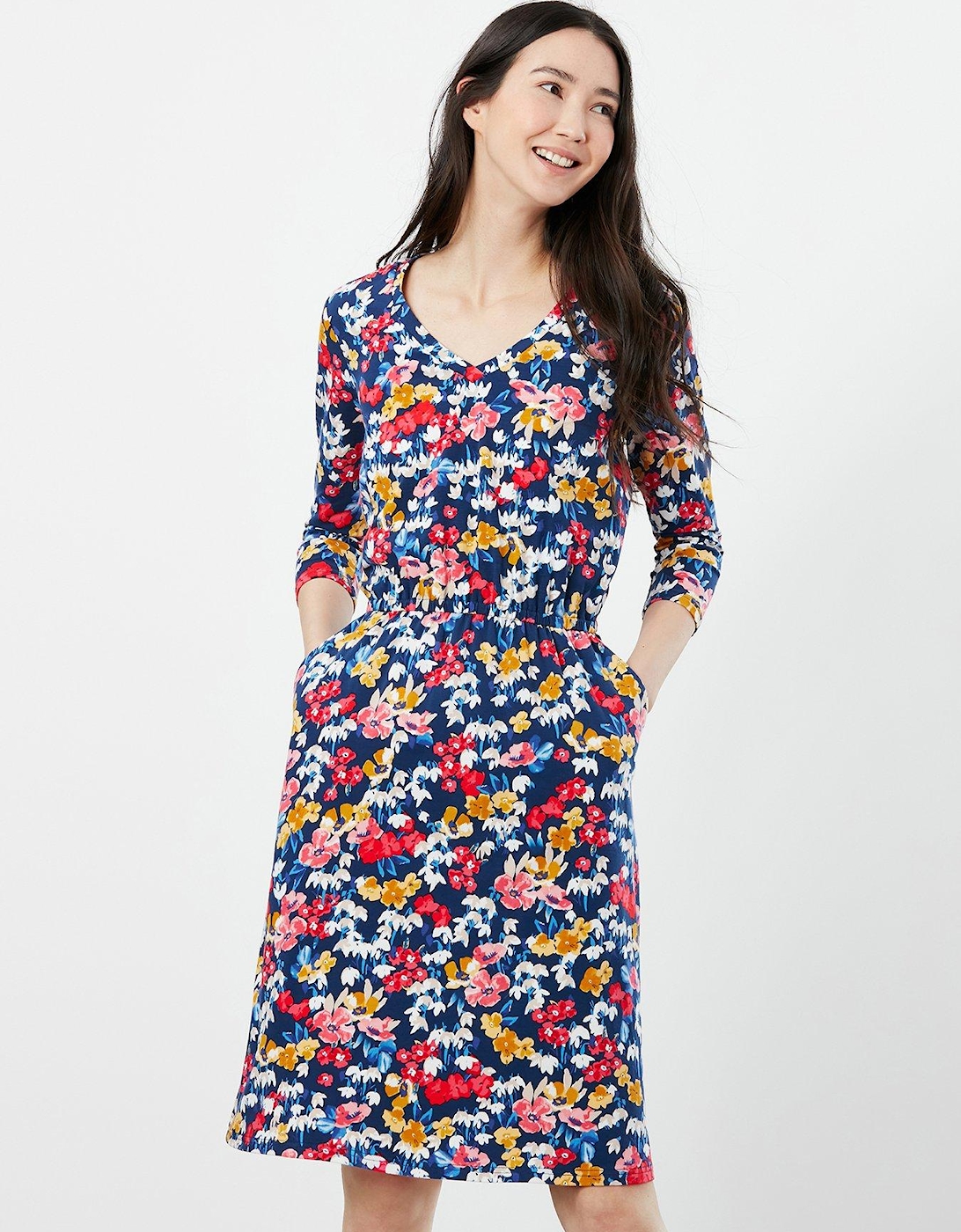 Joules Elasticated Waist Floral Jersey Dress - Blue