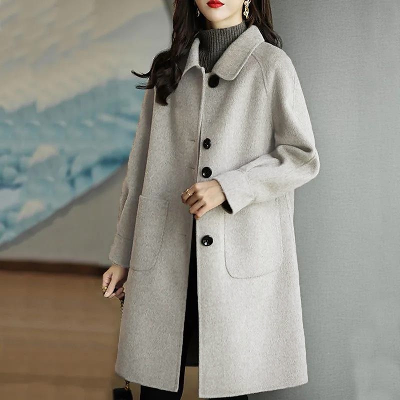 Women's Winter Coat Long Overcoat Single Breasted Lapel Pea Coat Thermal Warm Windproof Trench Coat with Pockets Elegant Outerwear Fall Outerwear Long Sleeve