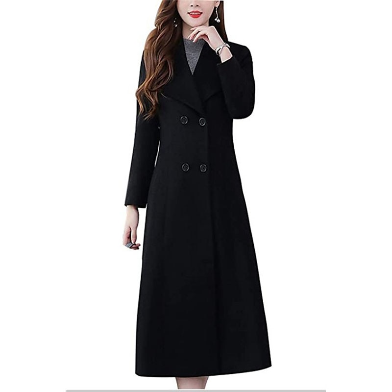 Women's Winter Coat Long Overcoat Double Breasted Lapel Pea Coat Thermal Warm Windproof Trench Coat with Pockets Elegant Slim Fit Lady Jacket Fall Outerwear Long Sleeve Black