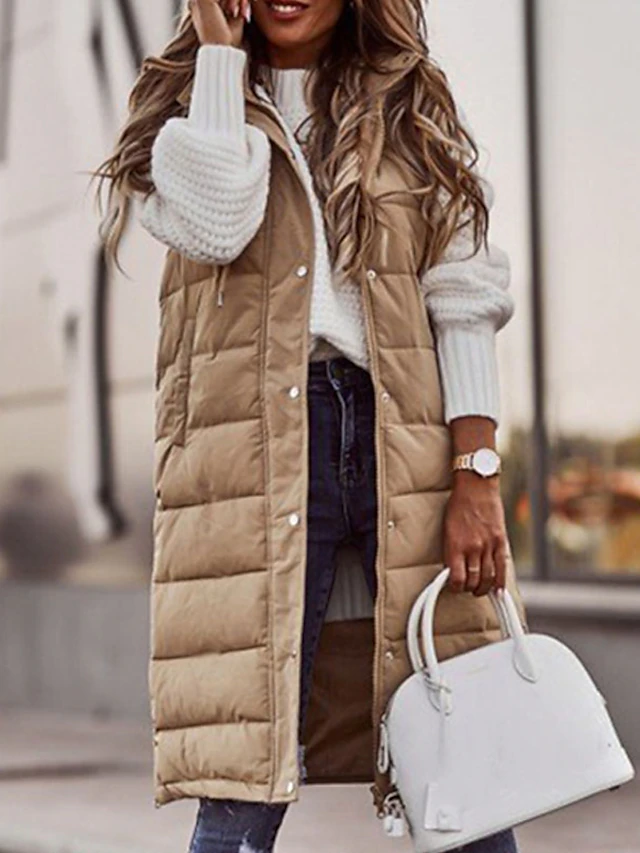 Women's Winter Jacket Long Puffer Vest Fall Maillard Outdoor Street Daily Winter Fall Long Coat Regular Fit Windproof Warm Casual Jacket Sleeveless Solid